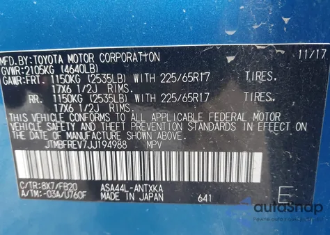 2018 Toyota Rav4 Le из США, поврежденный, VIN JTMBFREV7JJ194988